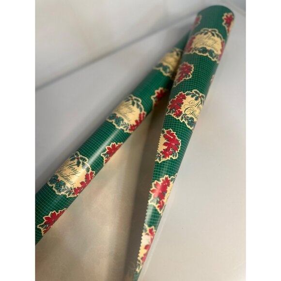 VTG Merry Christmas Wrapping Paper Roll With Festive Poinsettia Design Holiday - Picture 3 of 7